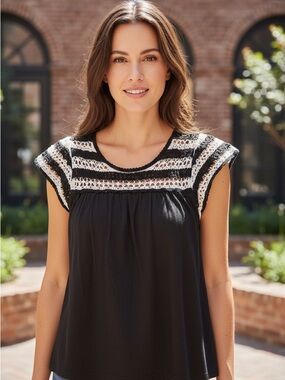 LOFT Black Top with White Crochet Yoke